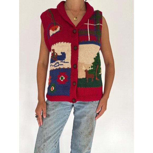 90s vintage outdoor nature print knitted plaid button up hand knit sweater vest - Picture 2 of 9